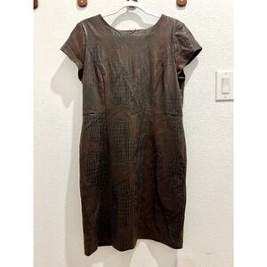 Chico's Sheath Dress Sz 1 Cap Sleeve Back Zip Faux Snake Skin Print Casual Brown